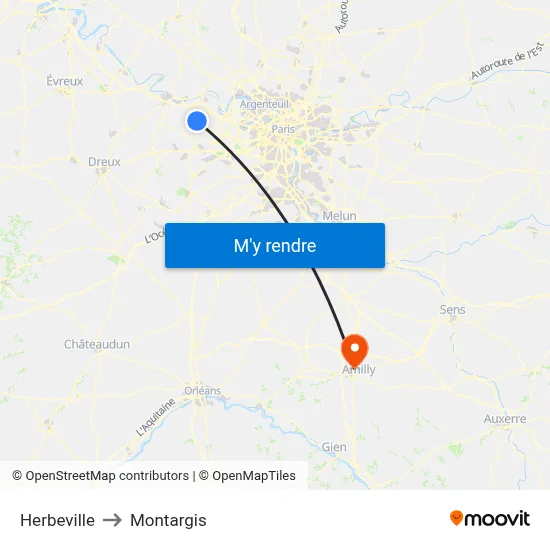 Herbeville to Montargis map