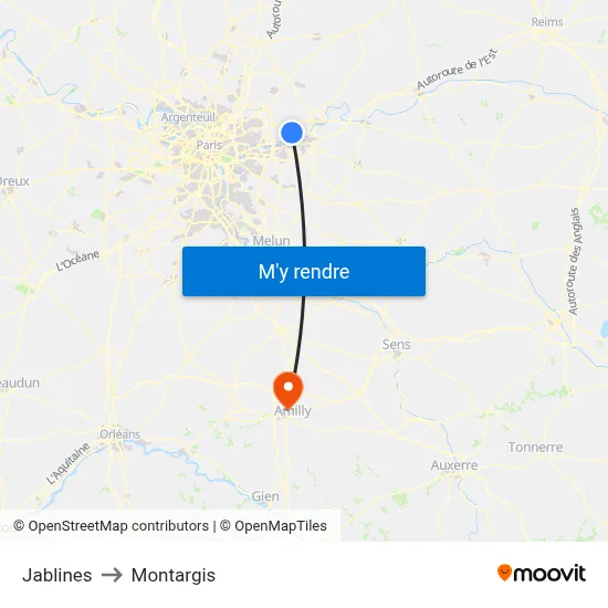 Jablines to Montargis map
