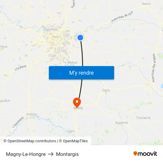 Magny-Le-Hongre to Montargis map