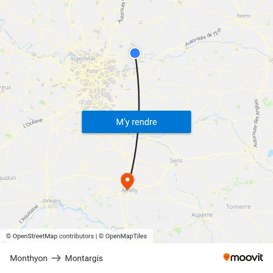 Monthyon to Montargis map