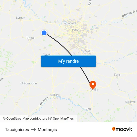 Tacoignieres to Montargis map