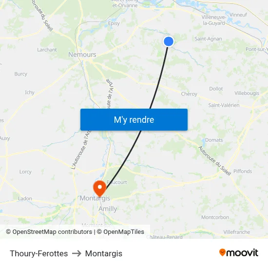 Thoury-Ferottes to Montargis map
