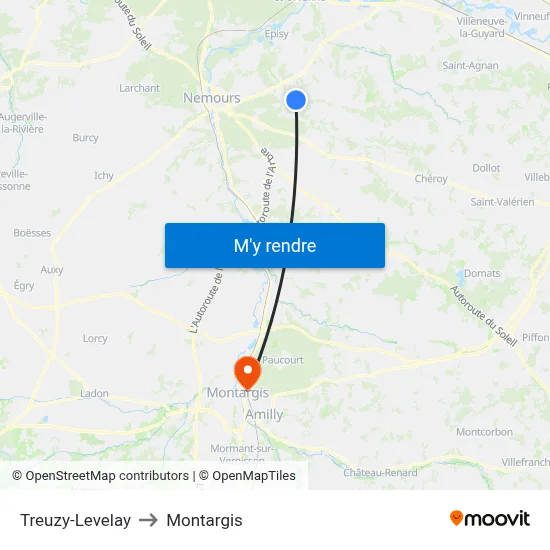Treuzy-Levelay to Montargis map