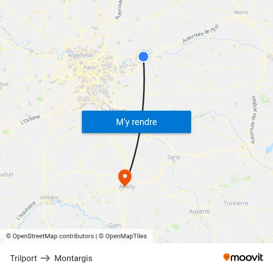 Trilport to Montargis map