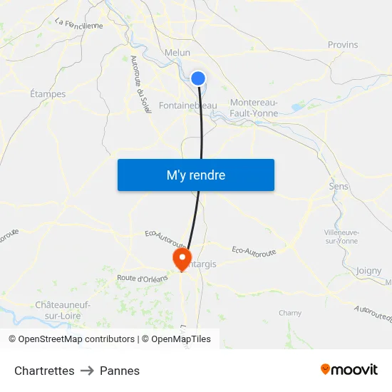 Chartrettes to Pannes map
