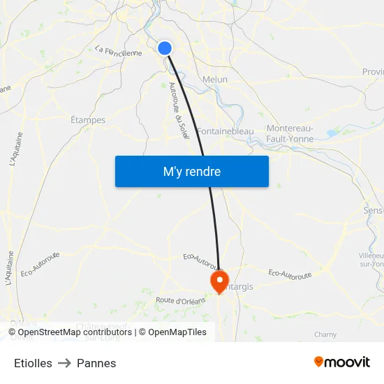 Etiolles to Pannes map