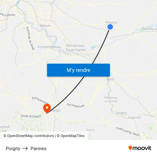 Poigny to Pannes map