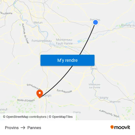 Provins to Pannes map