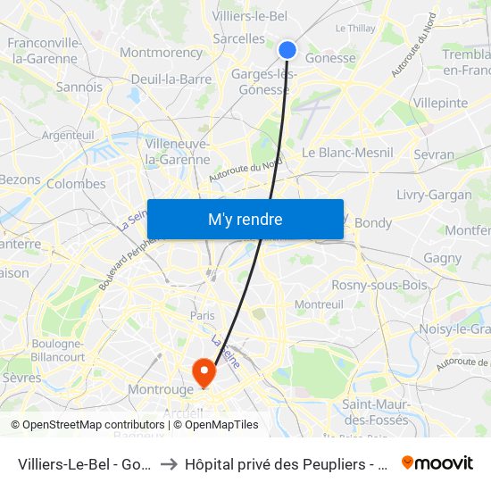 Villiers-Le-Bel - Gonesse - Arnouville to Hôpital privé des Peupliers - Ramsay Générale de Santé map