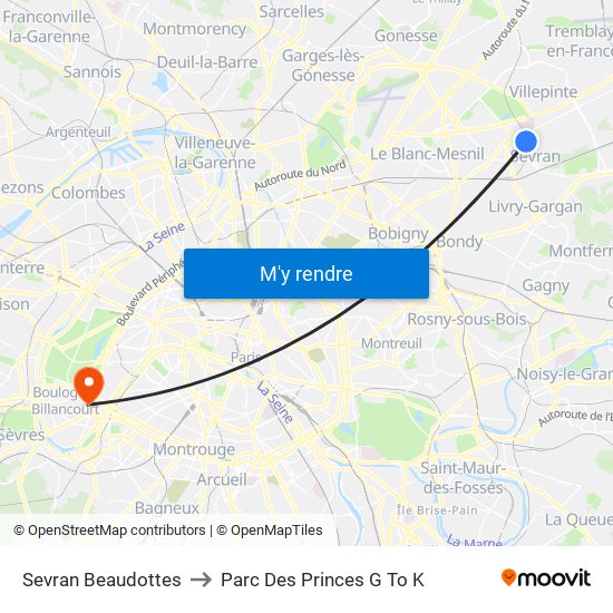 Sevran Beaudottes to Parc Des Princes G To K map