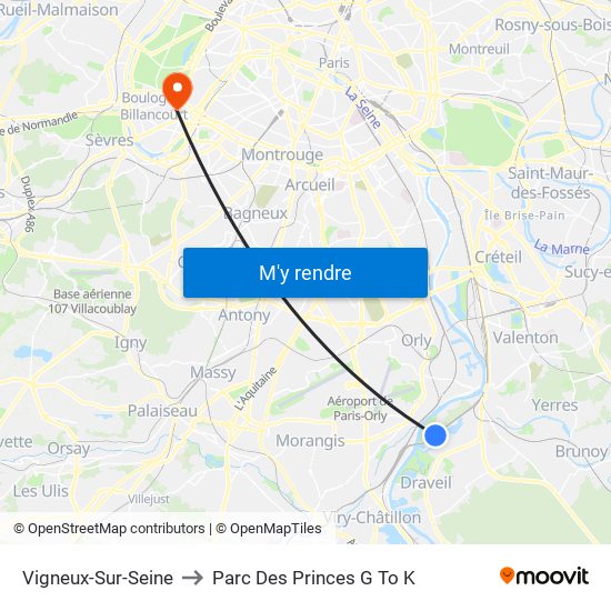 Vigneux-Sur-Seine to Parc Des Princes G To K map