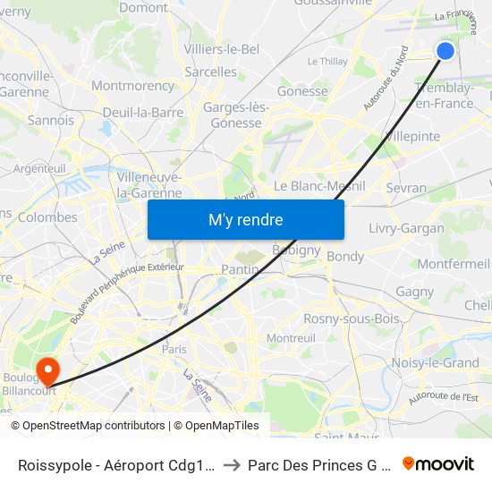 Roissypole - Aéroport Cdg1 (E2) to Parc Des Princes G To K map