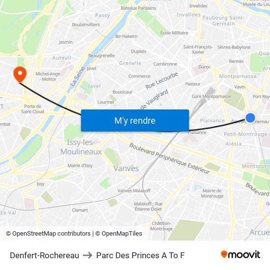 Denfert-Rochereau to Parc Des Princes A To F map
