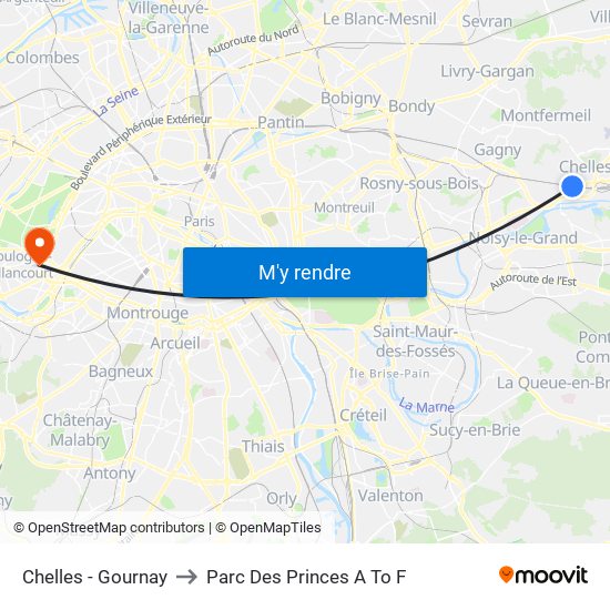 Chelles - Gournay to Parc Des Princes A To F map