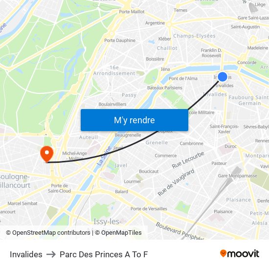 Invalides to Parc Des Princes A To F map