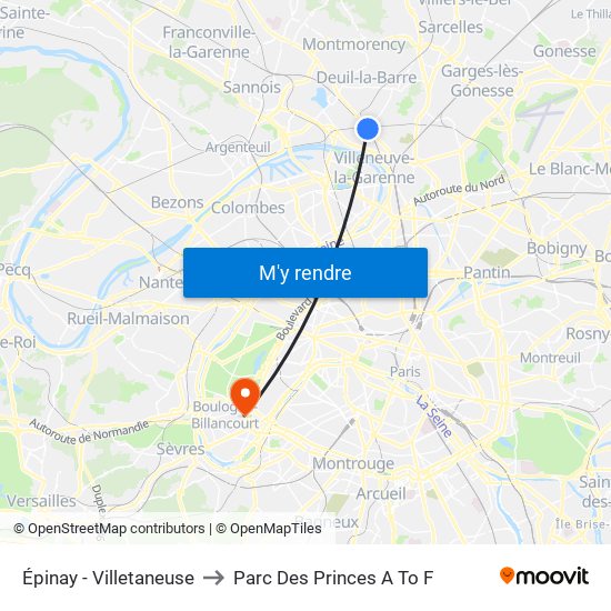 Épinay - Villetaneuse to Parc Des Princes A To F map