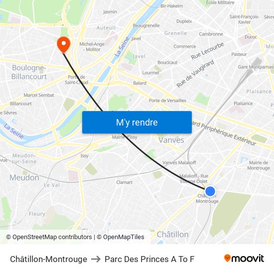 Châtillon-Montrouge to Parc Des Princes A To F map