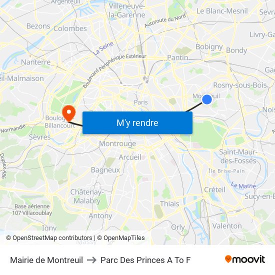 Mairie de Montreuil to Parc Des Princes A To F map