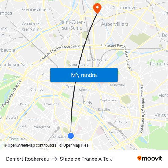 Denfert-Rochereau to Stade de France A To J map