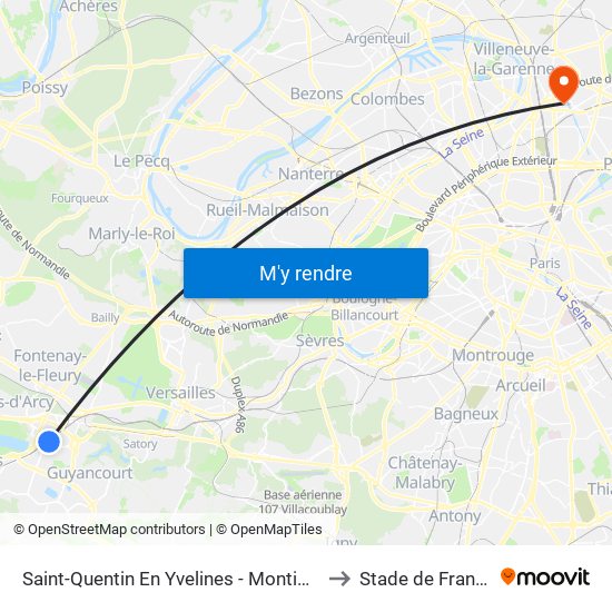 Saint-Quentin En Yvelines - Montigny-Le-Bretonneux to Stade de France A To J map
