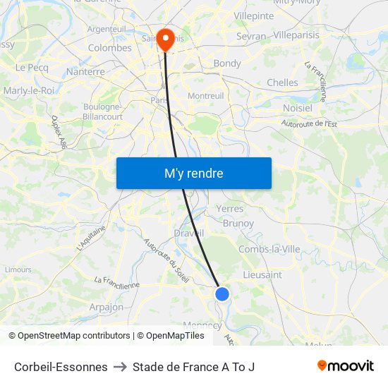 Corbeil-Essonnes to Stade de France A To J map