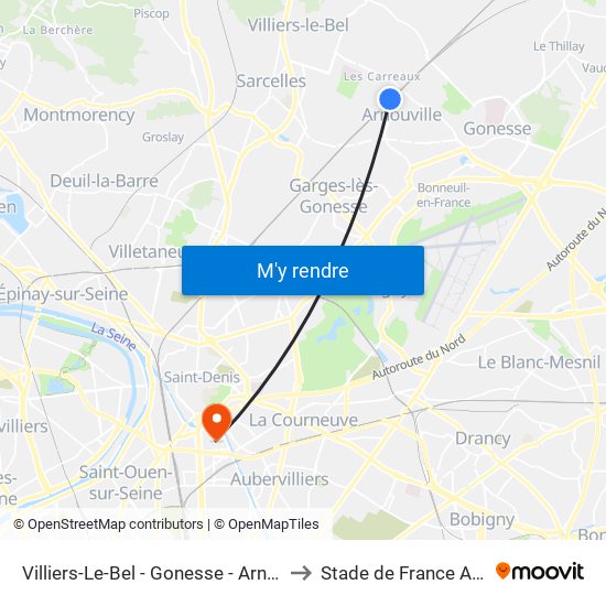 Villiers-Le-Bel - Gonesse - Arnouville to Stade de France A To J map
