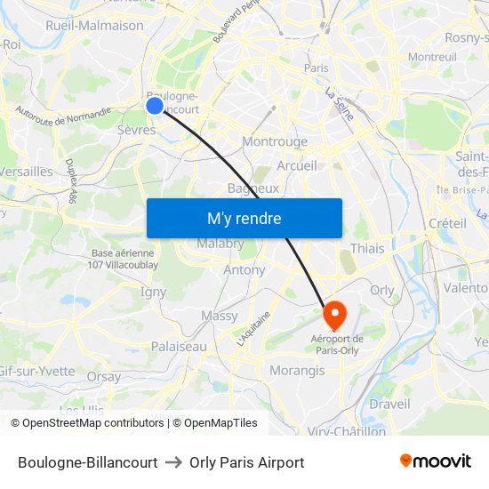 Boulogne-Billancourt to Orly Paris Airport map