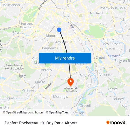 Denfert-Rochereau to Orly Paris Airport map