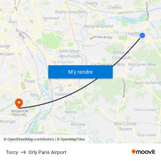 Torcy to Orly Paris Airport map