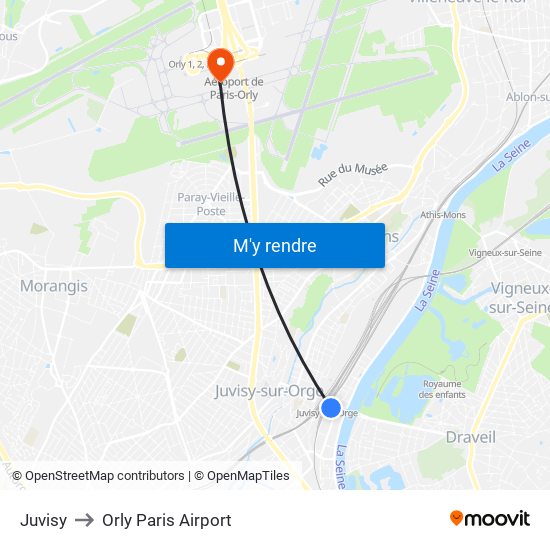 Juvisy to Orly Paris Airport map