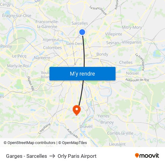 Garges - Sarcelles to Orly Paris Airport map