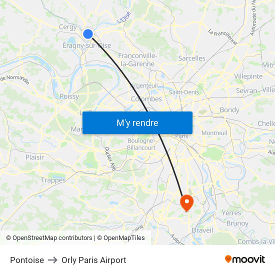 Pontoise to Orly Paris Airport map