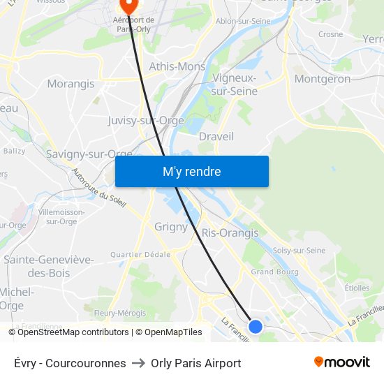 Évry - Courcouronnes to Orly Paris Airport map