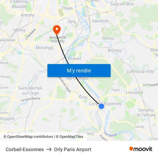 Corbeil-Essonnes to Orly Paris Airport map