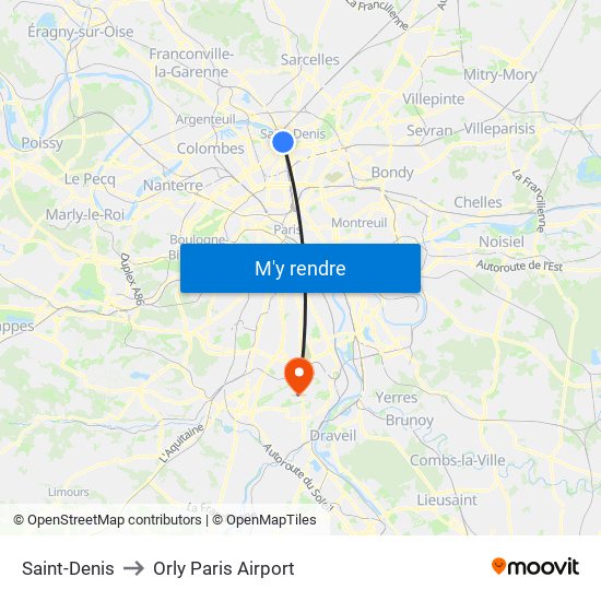 Saint-Denis to Orly Paris Airport map