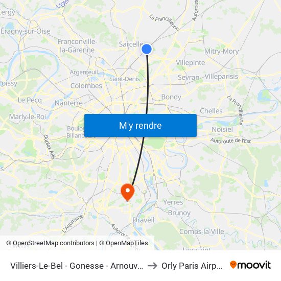 Villiers-Le-Bel - Gonesse - Arnouville to Orly Paris Airport map