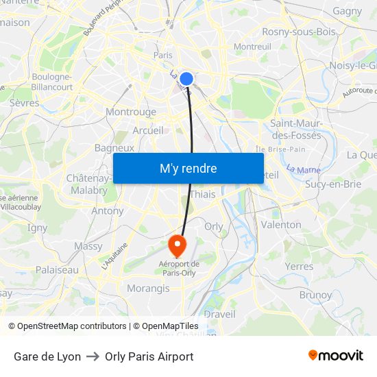 Gare de Lyon to Orly Paris Airport map