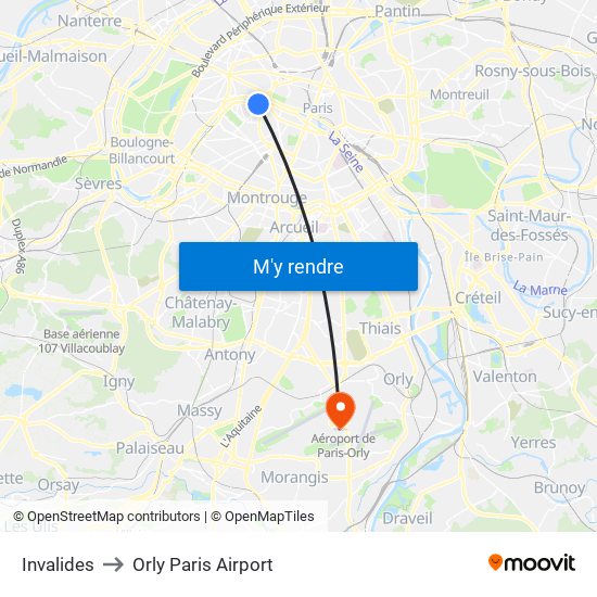 Invalides to Orly Paris Airport map