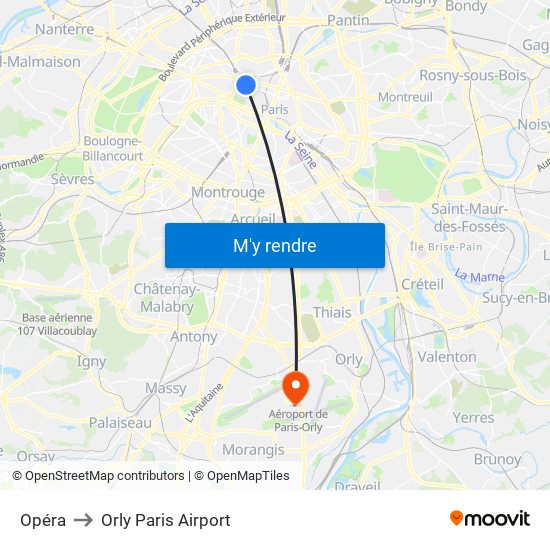 Opéra to Orly Paris Airport map