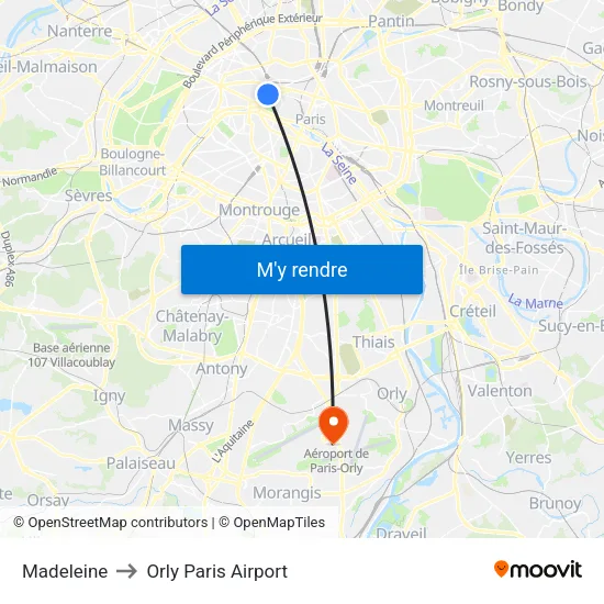 Madeleine to Orly Paris Airport map