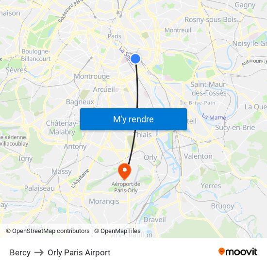 Bercy to Orly Paris Airport map