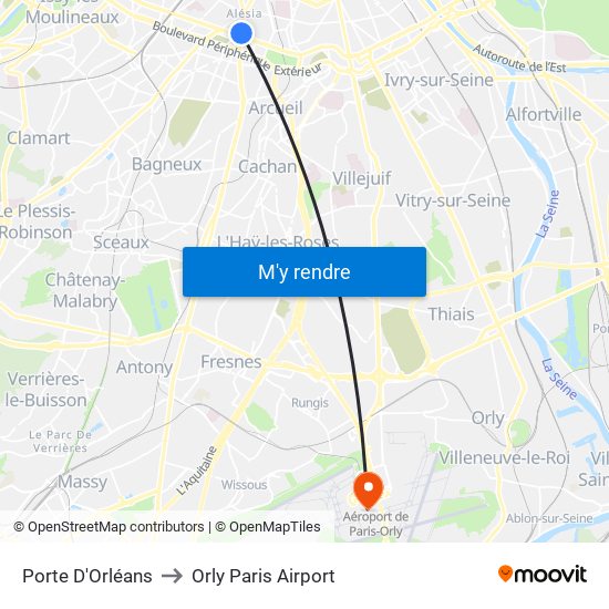 Porte D'Orléans to Orly Paris Airport map