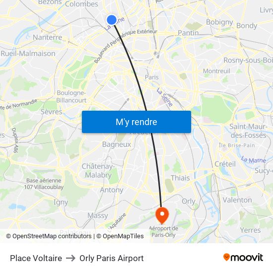 Place Voltaire to Orly Paris Airport map