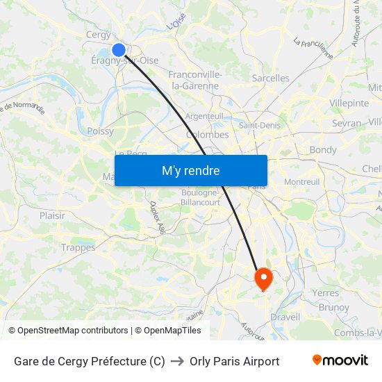 Gare de Cergy Préfecture (C) to Orly Paris Airport map