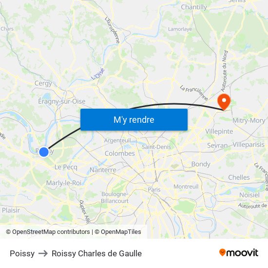Poissy to Roissy Charles de Gaulle map