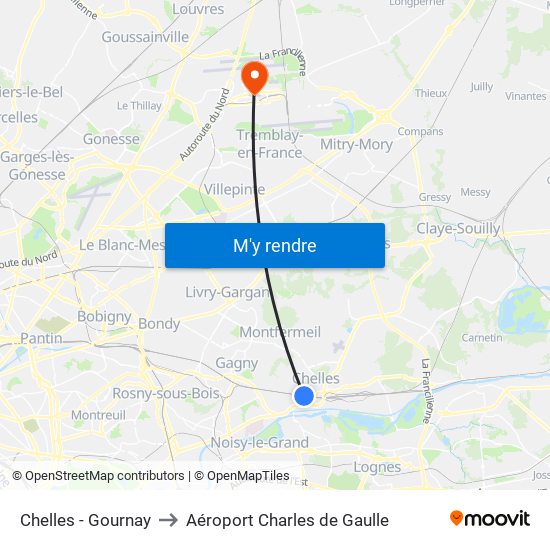 Chelles - Gournay to Aéroport Charles de Gaulle map