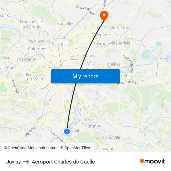 Juvisy to Aéroport Charles de Gaulle map
