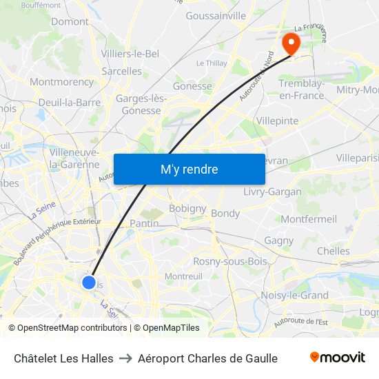 Châtelet Les Halles to Aéroport Charles de Gaulle map