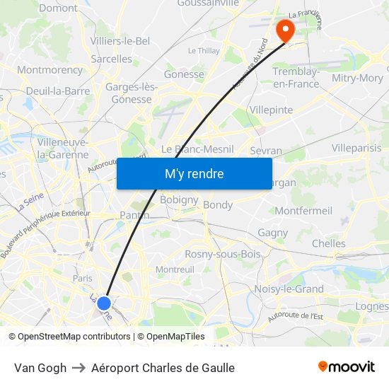 Gare de Lyon - Van Gogh to Aéroport Charles de Gaulle map