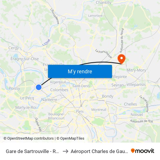 Gare de Sartrouville - RER to Aéroport Charles de Gaulle map